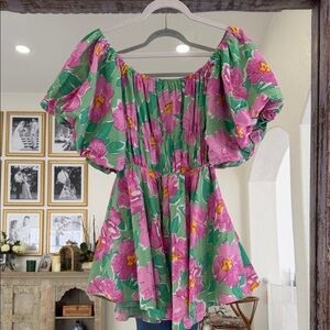 Green Floral Floral Bubble Sleeve Flare Mini Dress